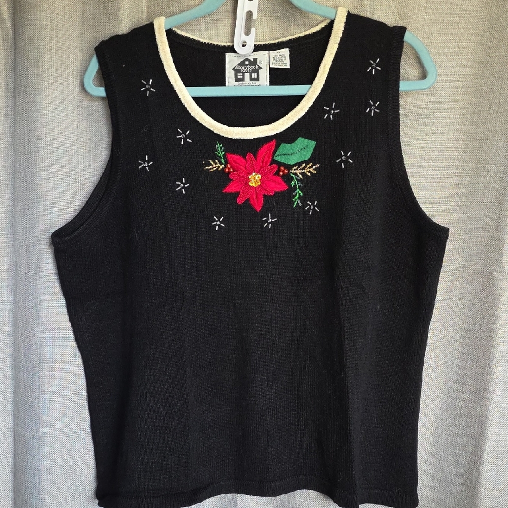 Storybook Knits Black Tank Top with Red Floral Design Sz 1X 8-P23